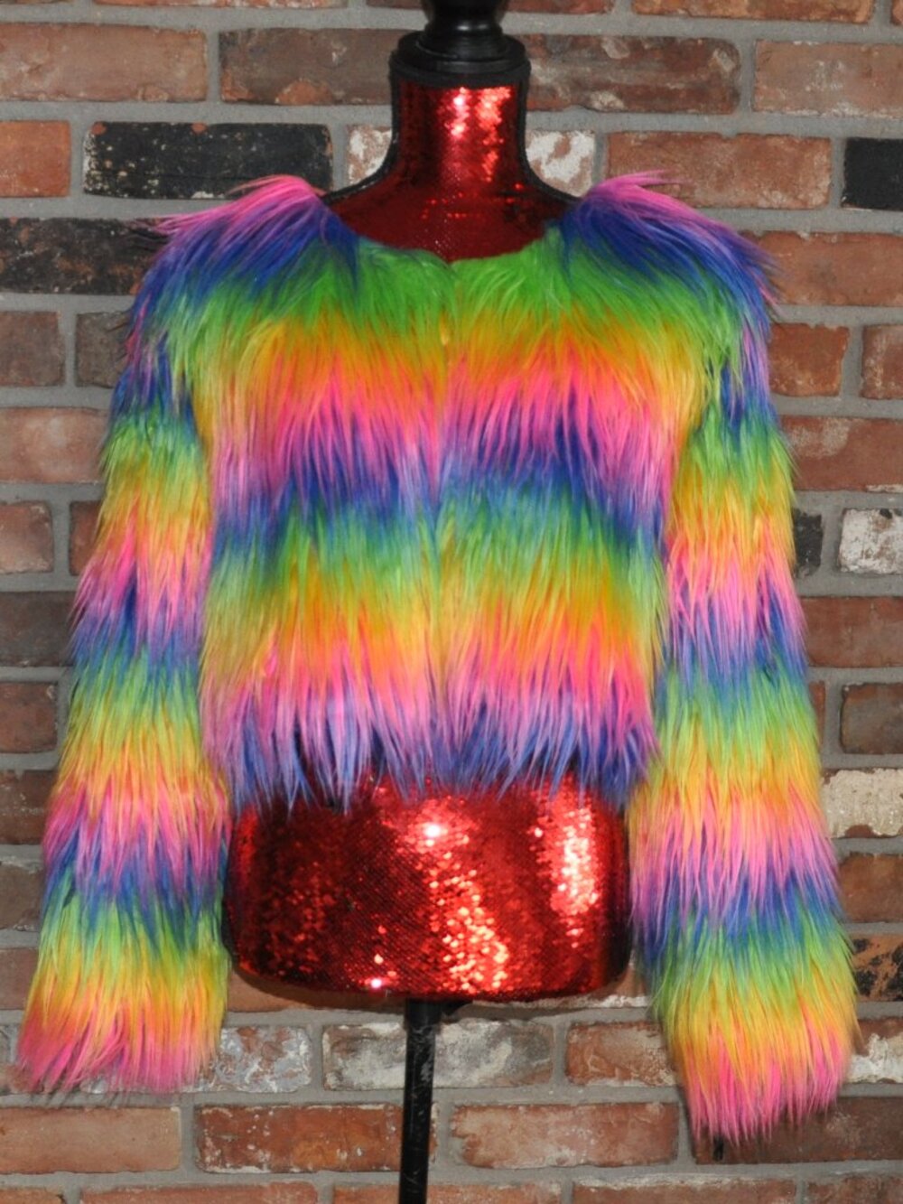 Neon Rainbow Shaggy Faux Fur Cropped Jacket Club Rave Festival Apres Ski M